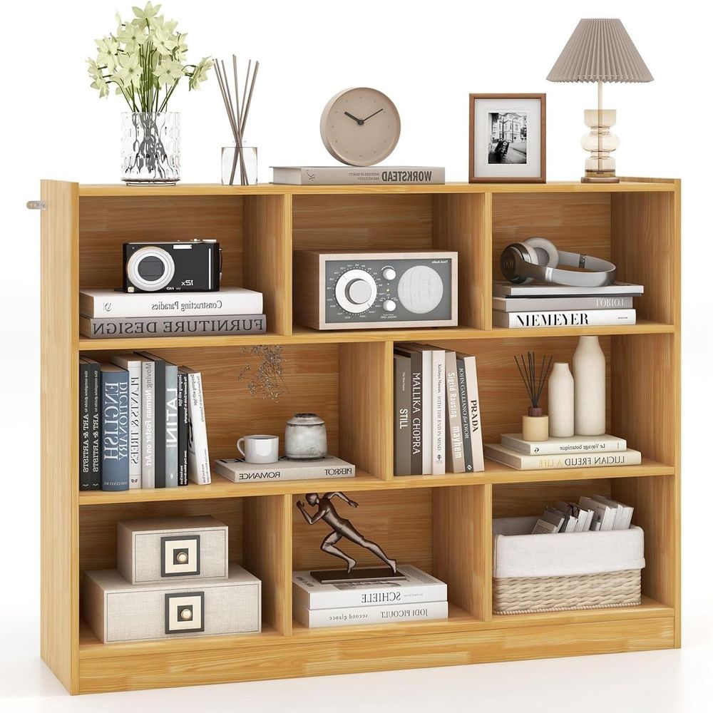 Home Office With Bookshelves - 3-Tier Horizontal Bookshelf with Anti-Tipping, Storage
