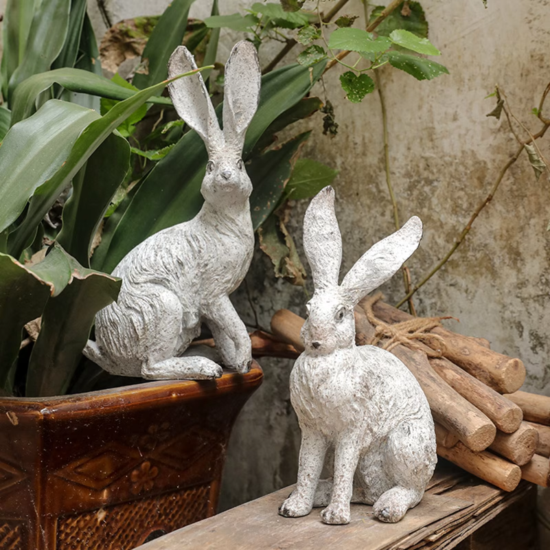 Home Office With Bookshelves - 2Pcs Garden Statues Rabbit Statues Home