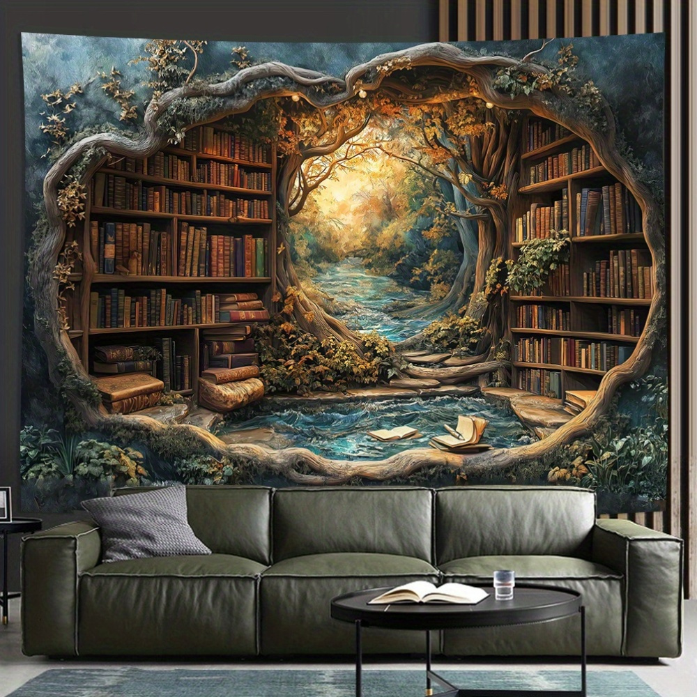 Home Office With Bookshelves - 3D Magic Forest Bookshelf Tapestries Wall