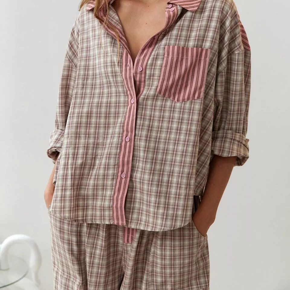 Stripe Plaid Patchwork Blouse  - مراجعة Home Office 2024 وسعره