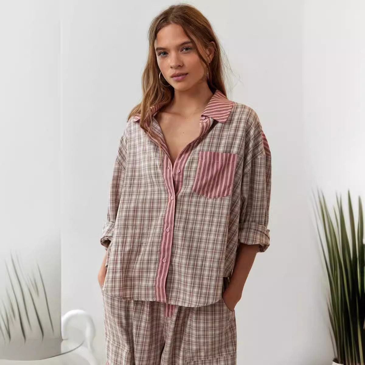 Stripe Plaid Patchwork Blouse  - مراجعة Home Office 2024 وسعره